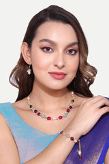 Gold Plated Jaipuri Multi Colour Bead Necklace With Pair Of Earrings And One Bracelet