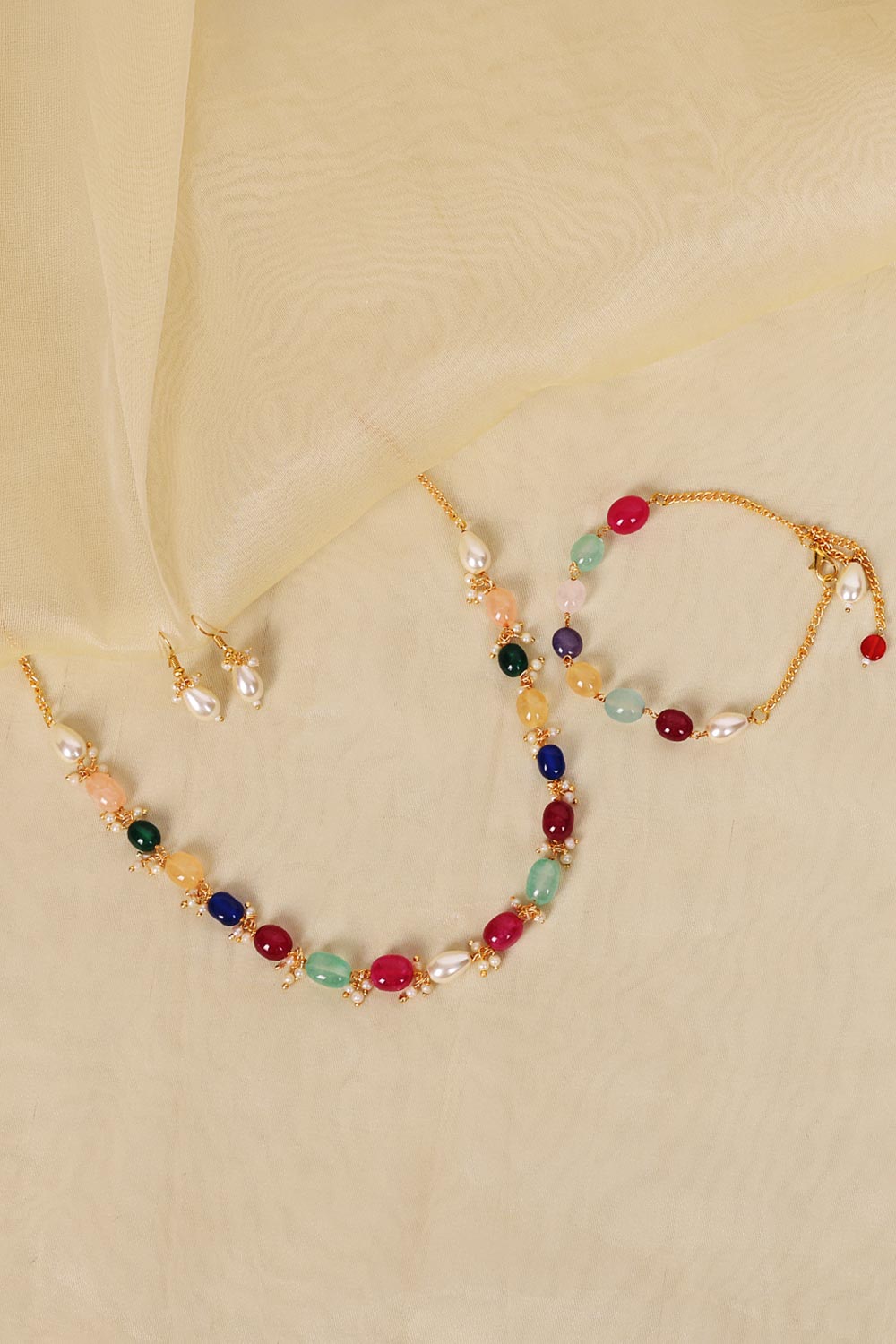 Gold Plated Jaipuri Multi Colour Bead Necklace With Pair Of Earrings And One Bracelet