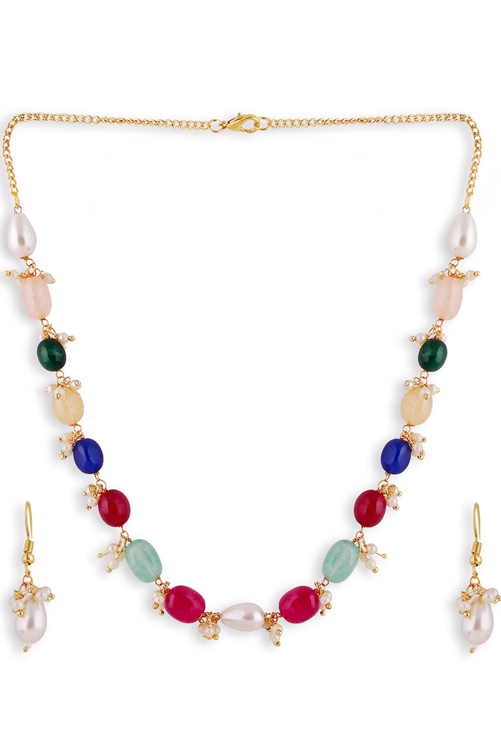 Gold Plated Jaipuri Multi Colour Bead Necklace With Pair Of Earrings And One Bracelet