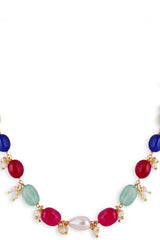 Gold Plated Jaipuri Multi Colour Bead Necklace With Pair Of Earrings And One Bracelet