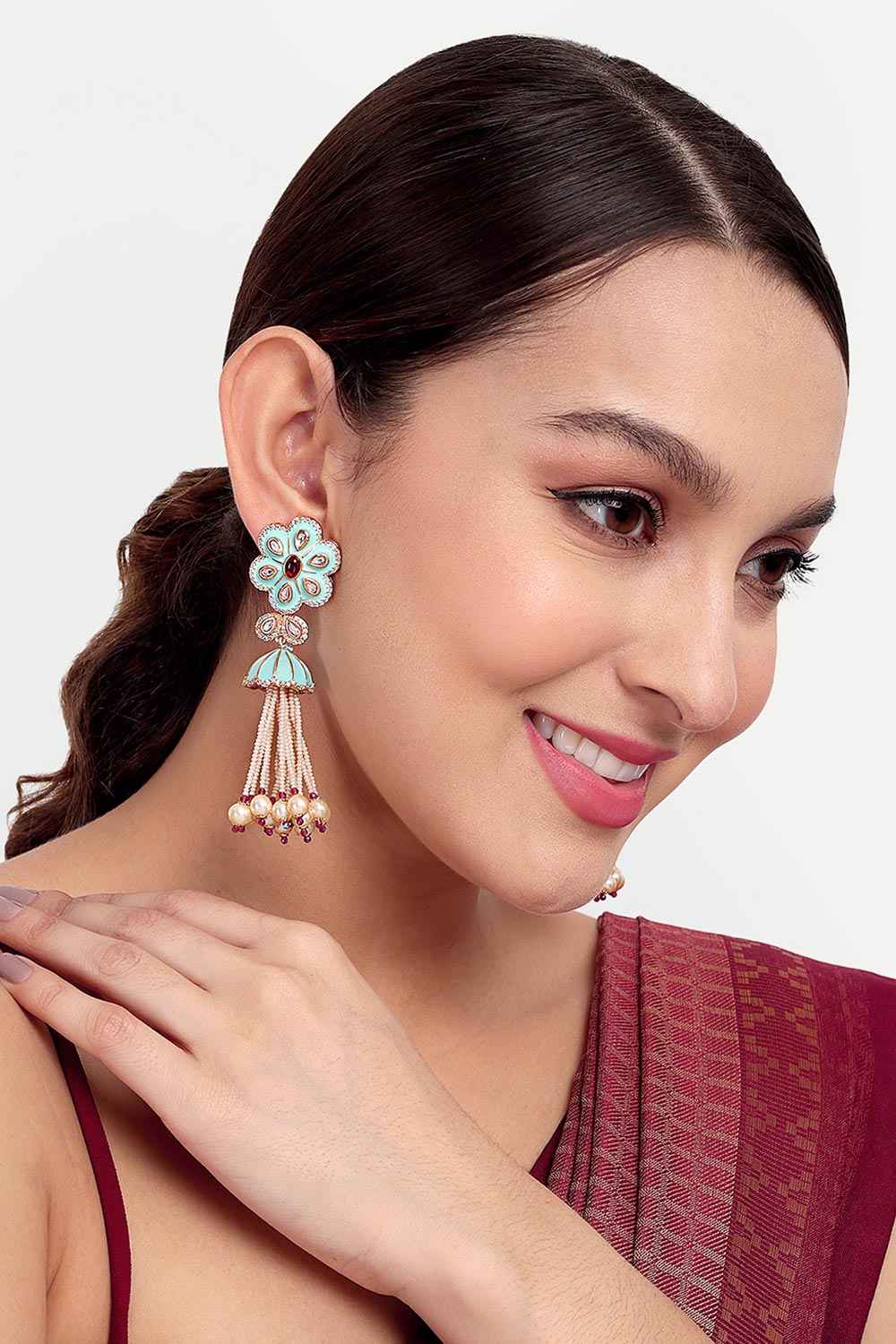 Hand Paint Meenakari Hanging Pearl Drop Earrings