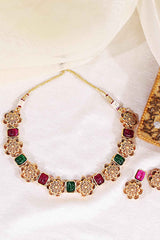 Gold Plated Kemp Stone Antique Necklace And Earrings Jewellery Set