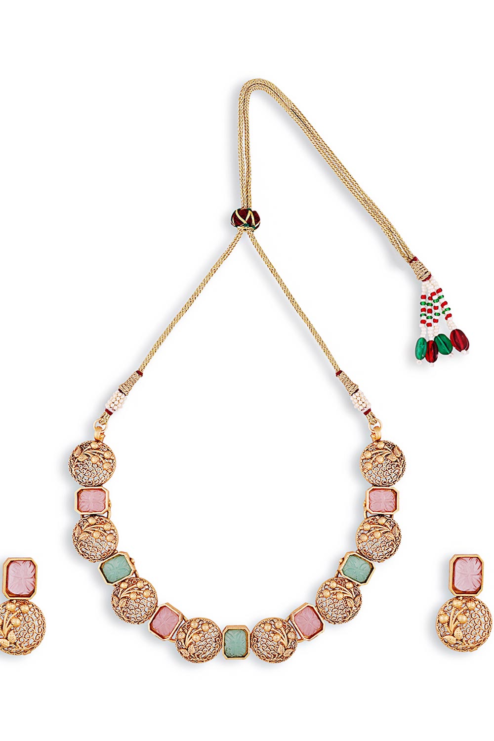 Gold Plated Kemp Stone Antique Necklace And Earrings Jewellery Set