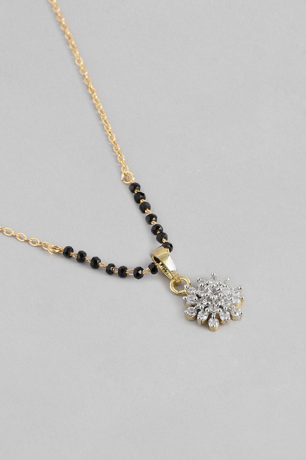 Gold Plated American Diamond And Black Beaded Mangalsutra