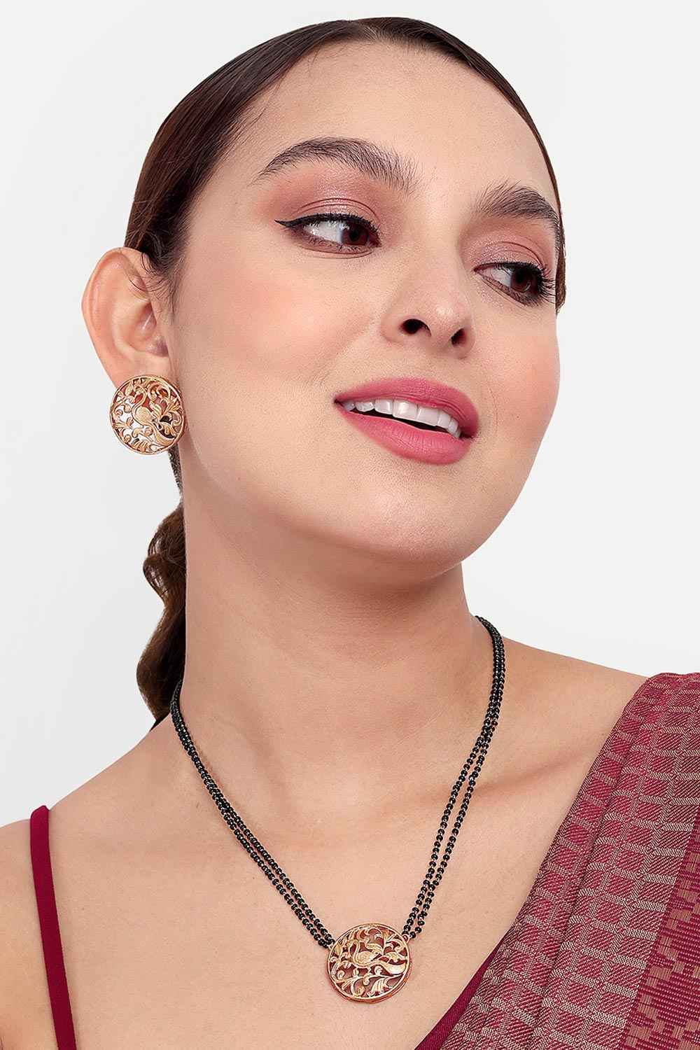 Gold Plated Black Beaded Mangalsutra,Hand Mangalsutra And Earrings Set