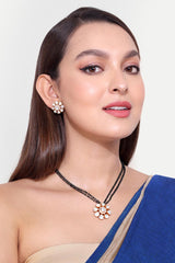 Gold Plated Flower Polki Black Beaded Mangalsutra And Earrings Set