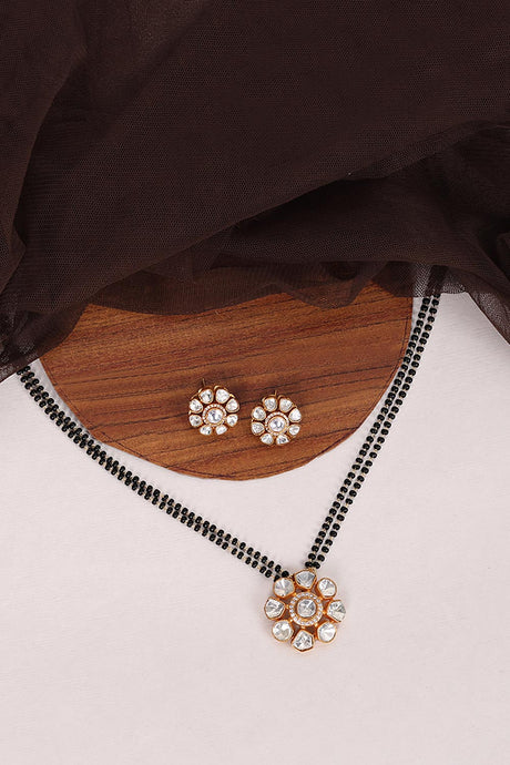 Gold Plated Flower Polki Black Beaded Mangalsutra And Earrings Set