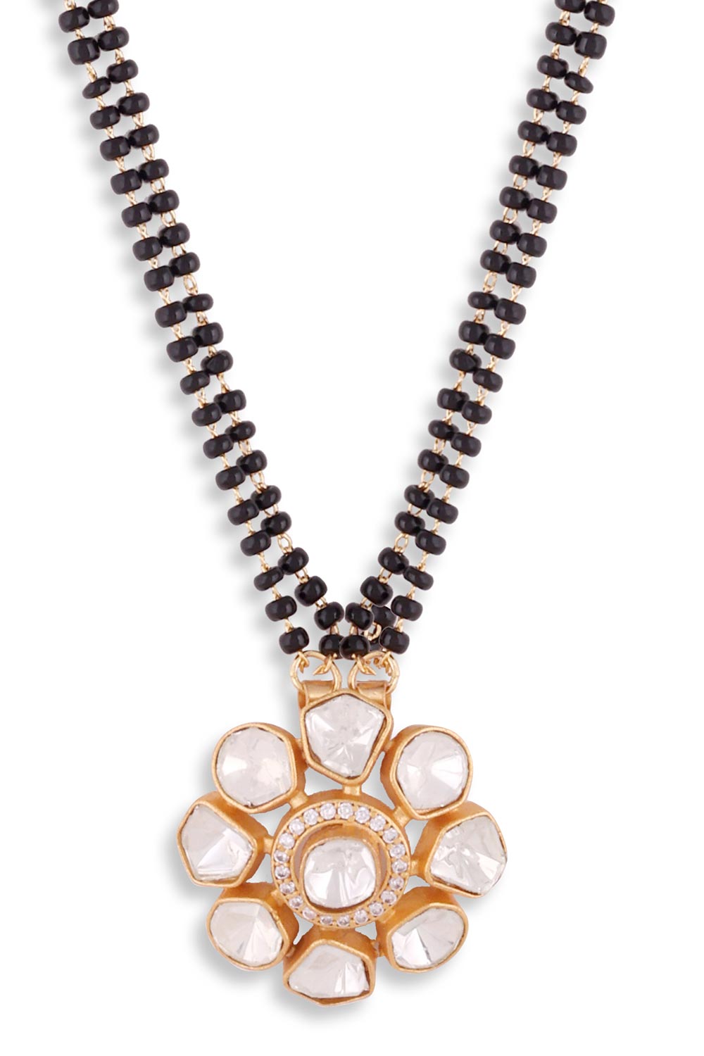 Gold Plated Flower Polki Black Beaded Mangalsutra And Earrings Set