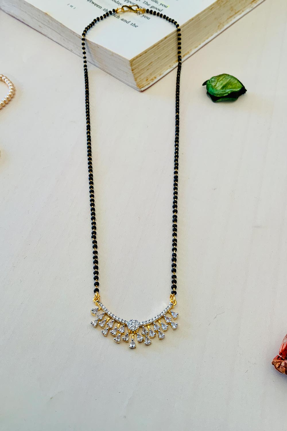 Gold Plated American Diamond And Black Beaded Mangalsutra