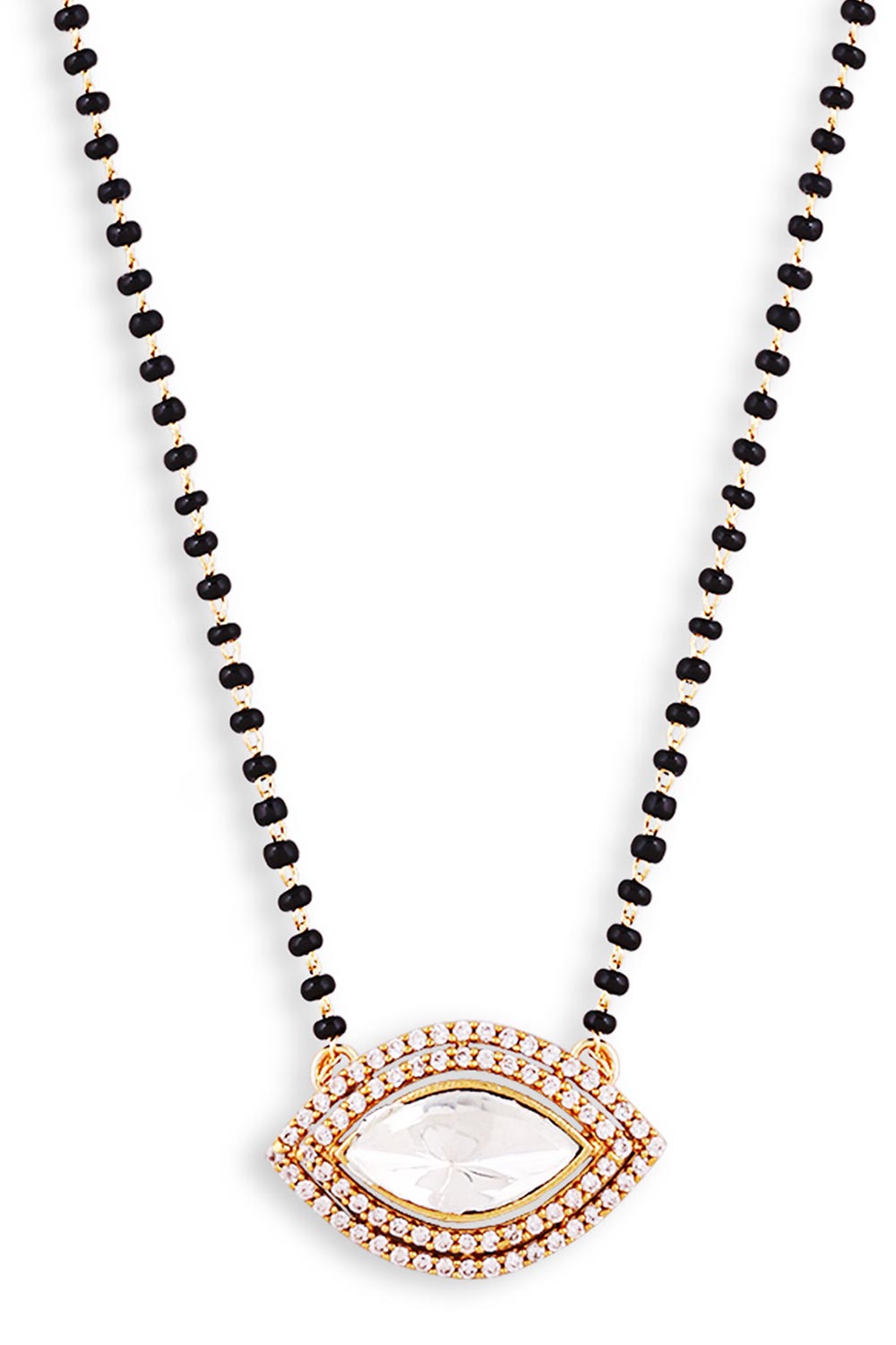 Gold Plated Black Beaded Polki And Diamond Mangalsutra And Earrings Set