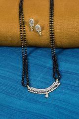 Long Gold Plated Black Beaded American Diamond Mangalsutra And Earrings Set