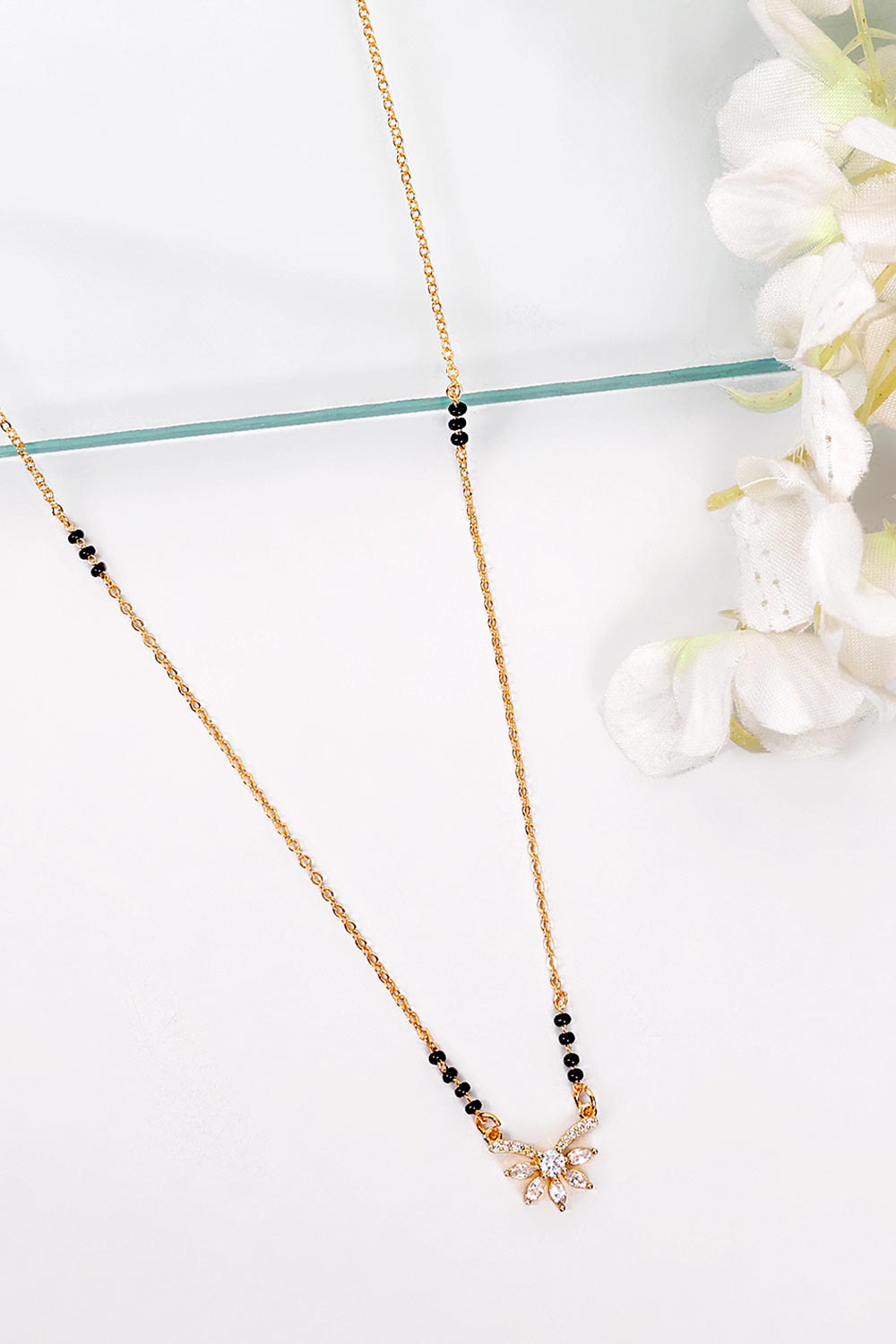 Gold Plated Black Beaded American Diamond Mangalsutra