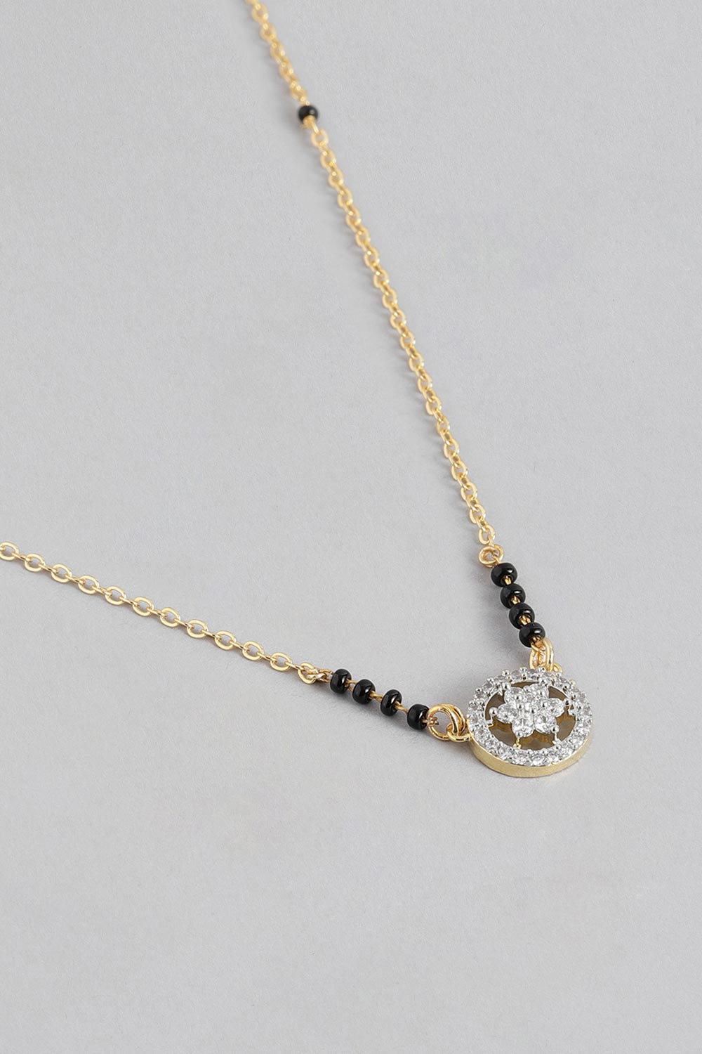 Gold Plated American Diamond And Black Beaded Mangalsutra