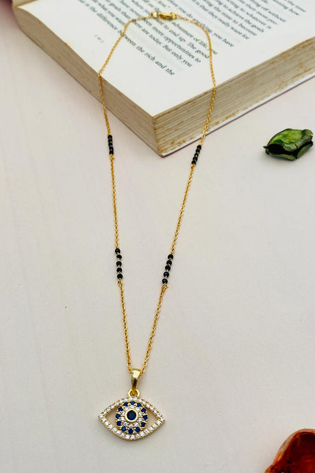 Gold Plated American Diamond And Black Beaded Mangalsutra