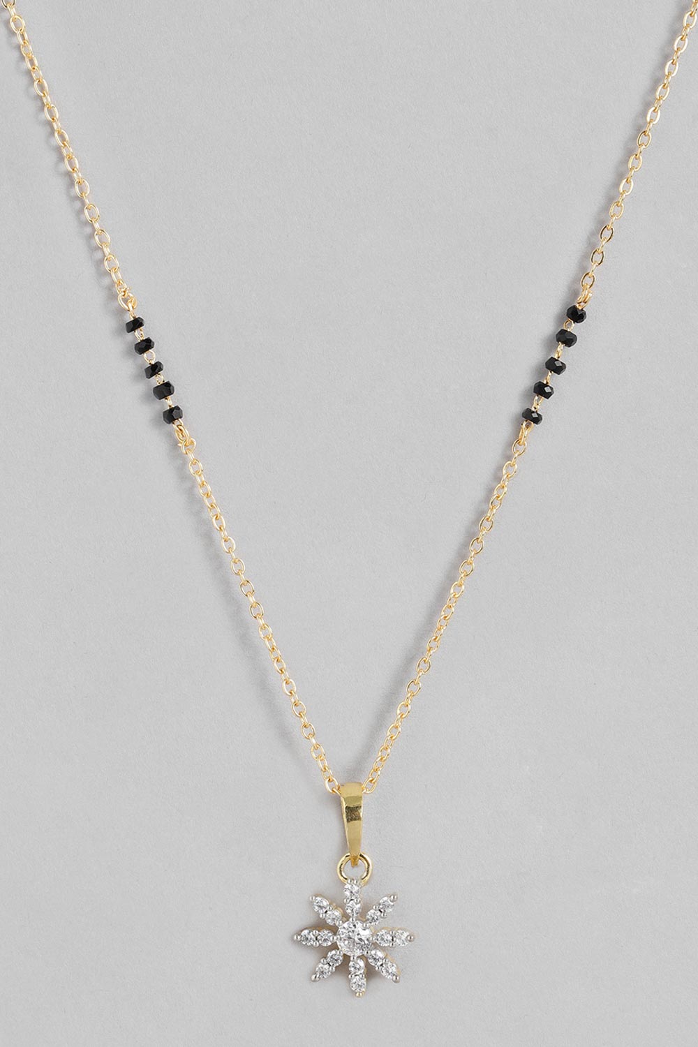 Gold Plated American Diamond And Black Beaded Mangalsutra