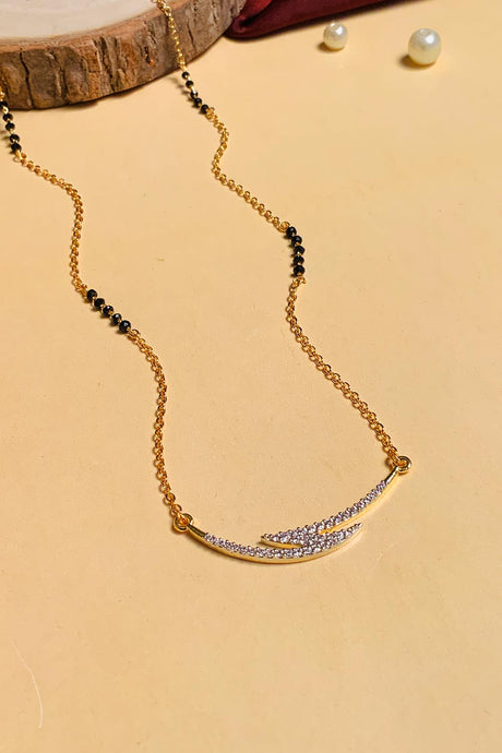 Gold Plated American Diamond And Black Beaded Mangalsutra