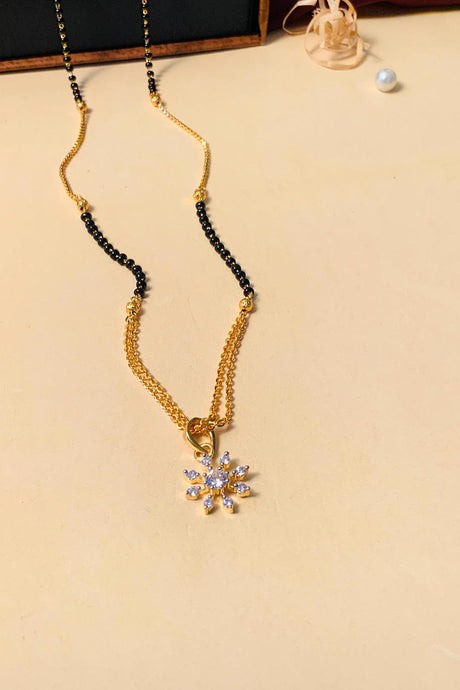 Gold Plated American Diamond And Black Beaded Mangalsutra