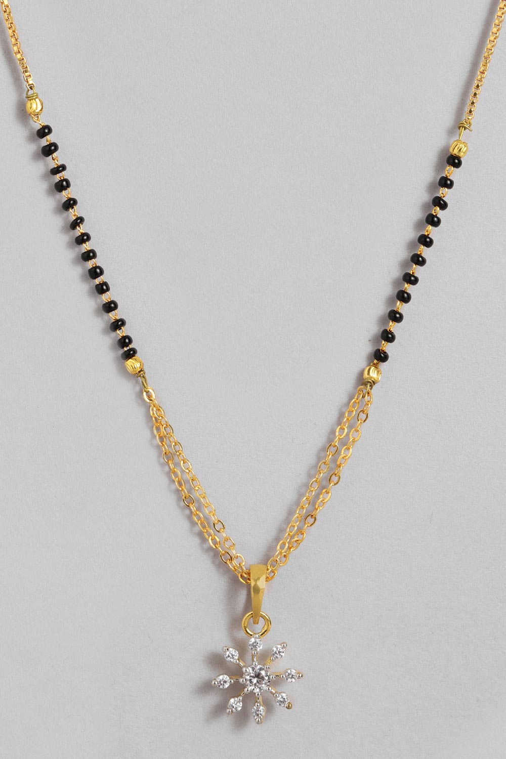 Gold Plated American Diamond And Black Beaded Mangalsutra