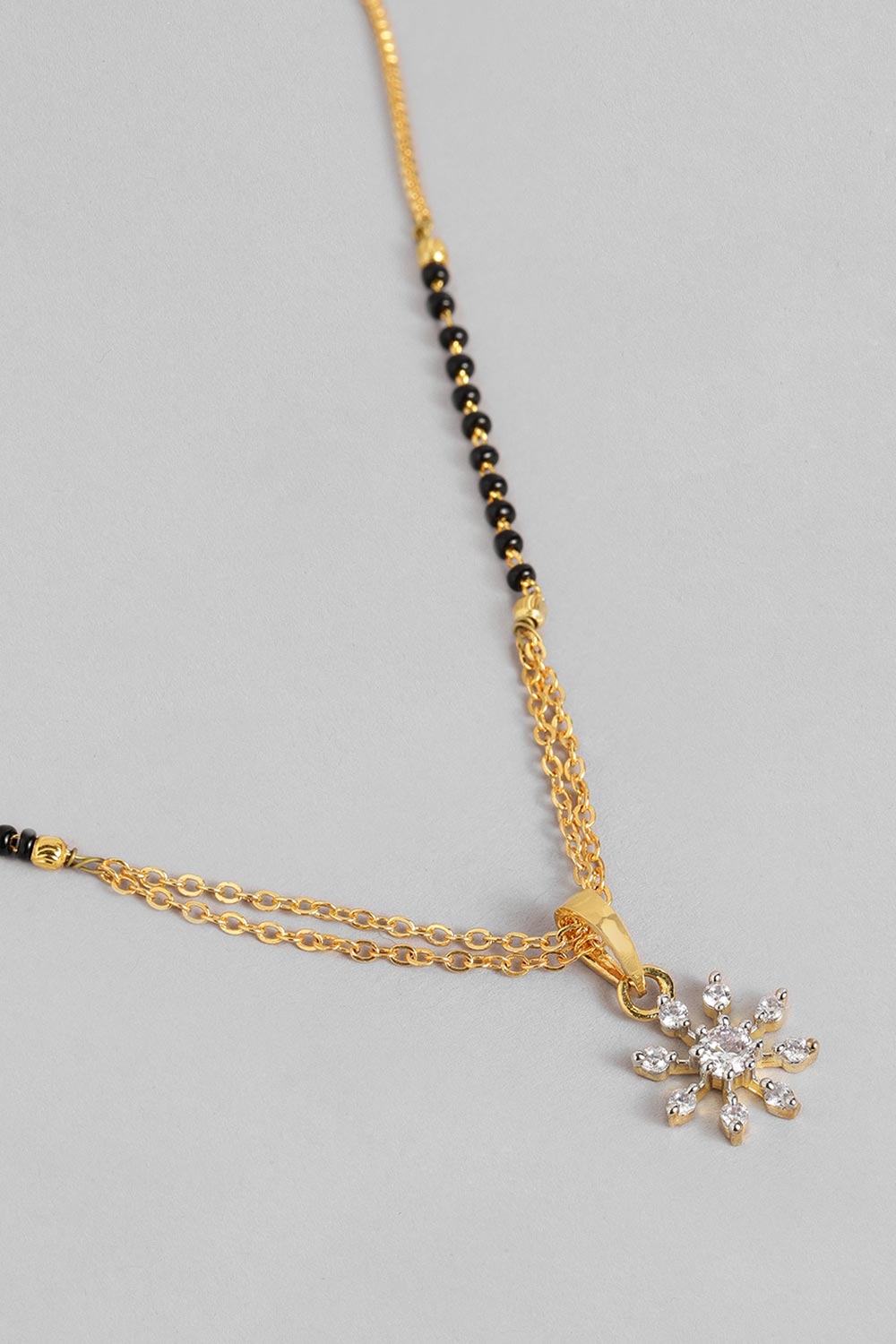 Gold Plated American Diamond And Black Beaded Mangalsutra