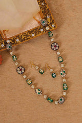 Golden Green Beads Pearls Stones Jaipuri Mala With Pair Of Earrings