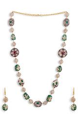 Golden Green Beads Pearls Stones Jaipuri Mala With Pair Of Earrings