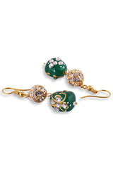 Golden Green Beads Pearls Stones Jaipuri Mala With Pair Of Earrings