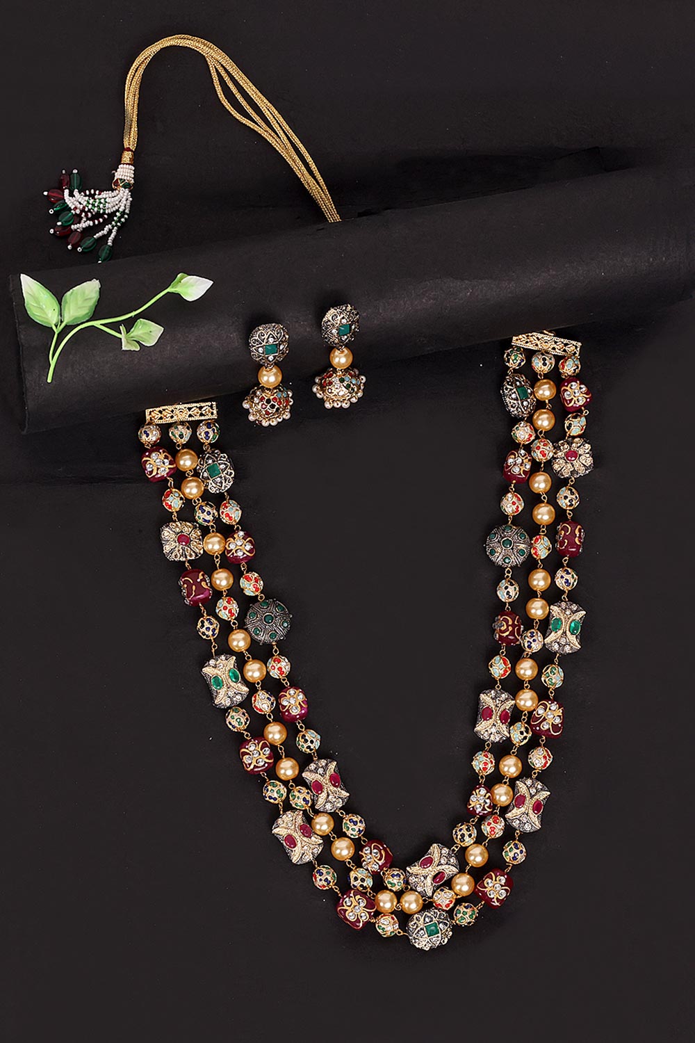 Ruby Red Jaipuri Beads Stone Mala With Pair Of Earrings