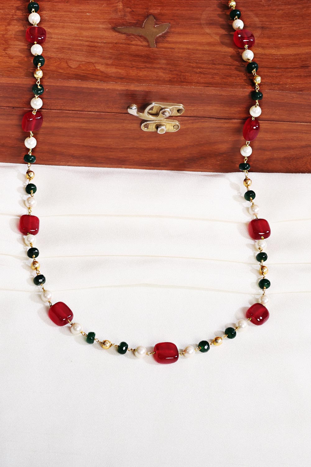 Golden Red Beads Pearls Stones Jaipuri Mala Without Earrings