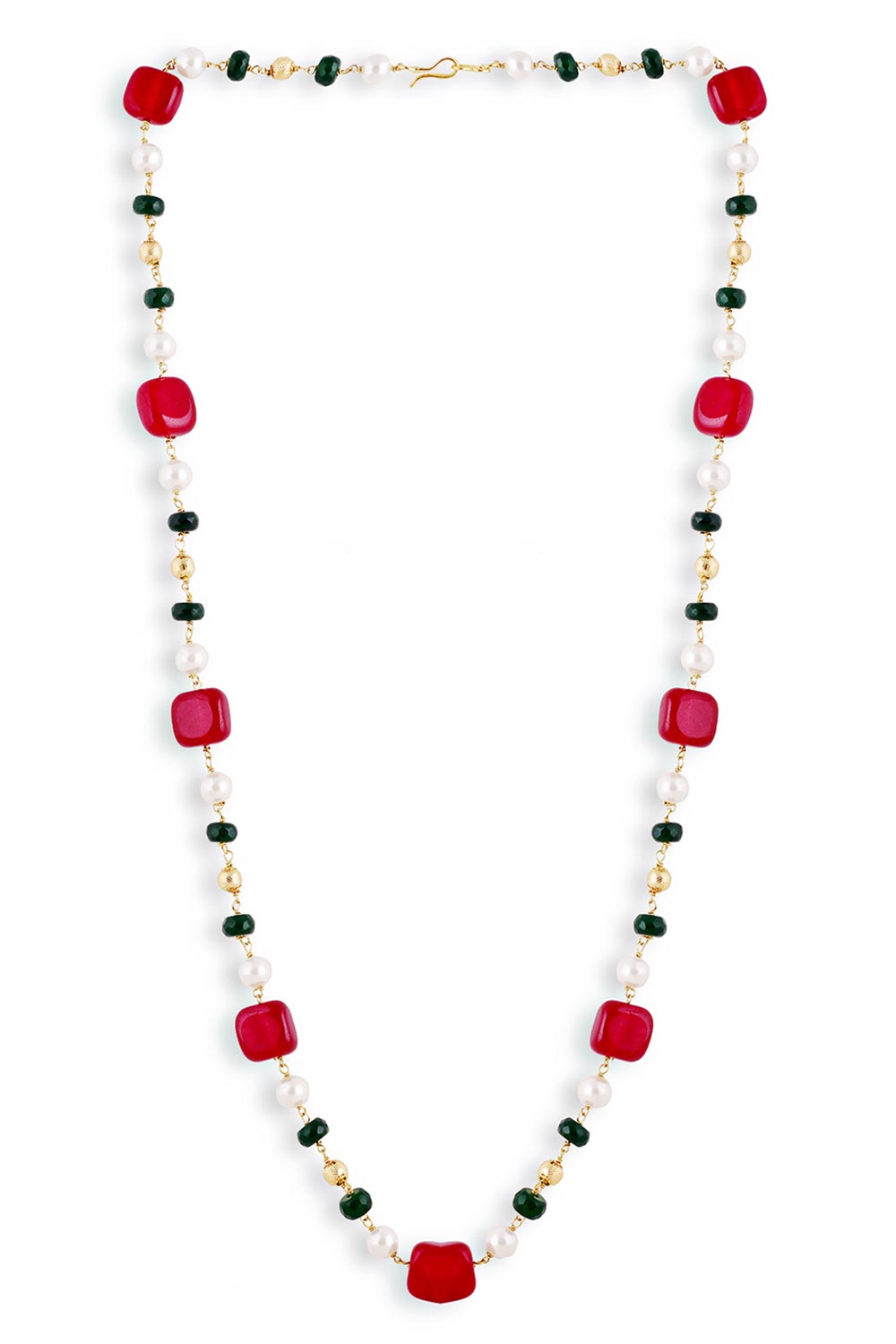 Golden Red Beads Pearls Stones Jaipuri Mala Without Earrings