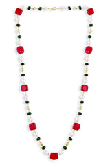 Golden Red Beads Pearls Stones Jaipuri Mala Without Earrings