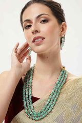 Long Gold Plated Green Stone Mala and Earring