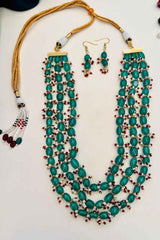 Long Gold Plated Green Stone Mala and Earring