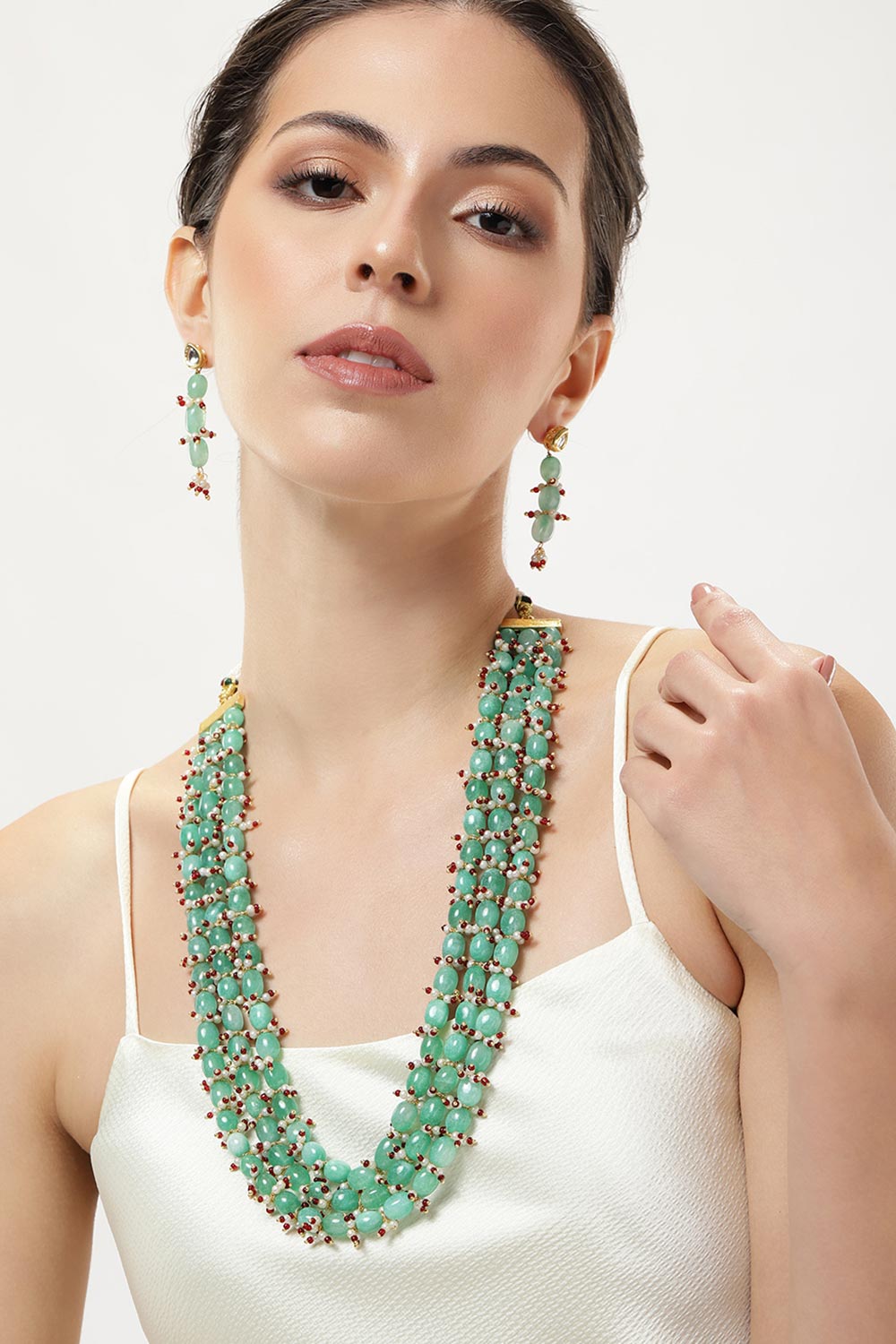 Long Gold Plated Green Stone Mala and Earring