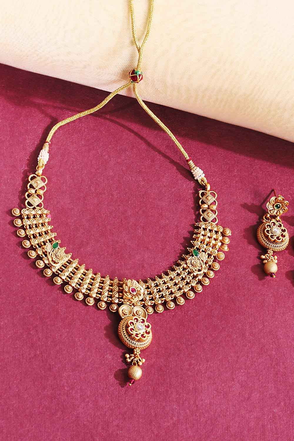 Gold Plated Kemp Stone Antique Necklace And Earrings Jewellery Set