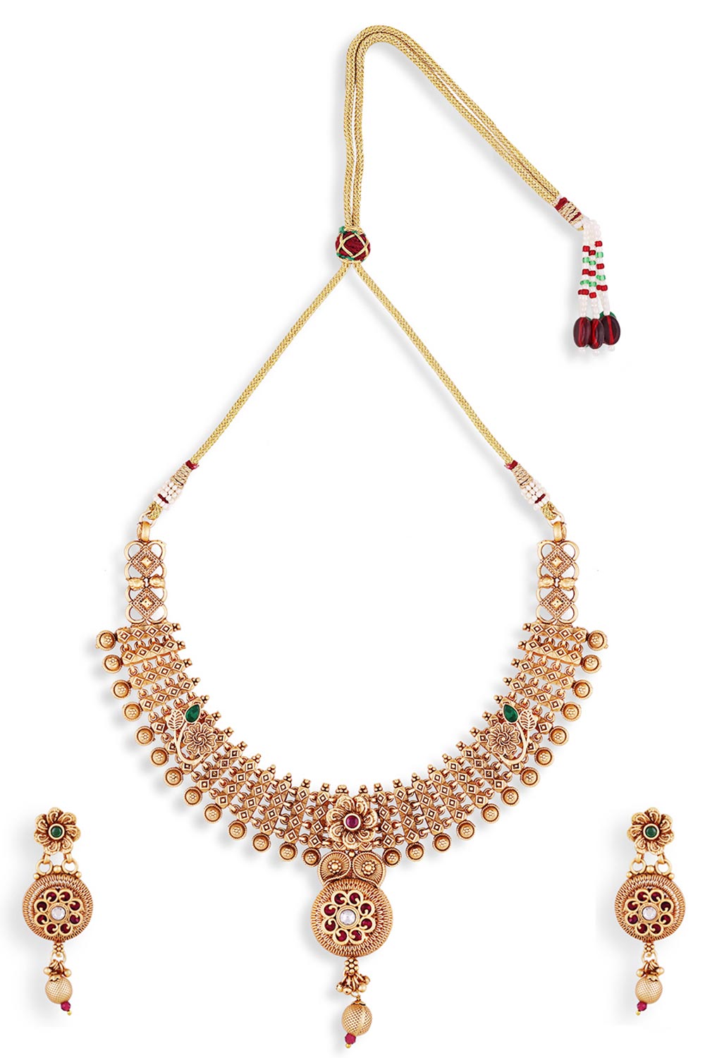 Gold Plated Kemp Stone Antique Necklace And Earrings Jewellery Set