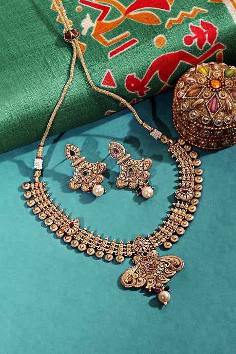 Gold Plated Kemp Stone Antique Necklace And Earrings Jewellery Set