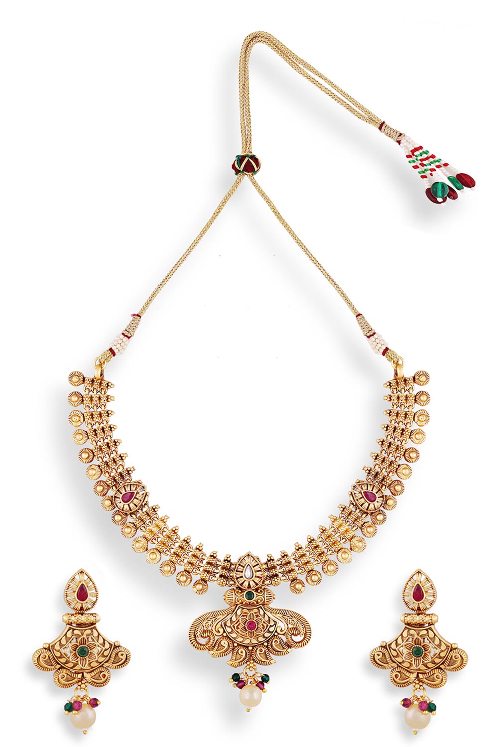 Gold Plated Kemp Stone Antique Necklace And Earrings Jewellery Set