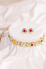 Gold Plated Navratna Stone Antique Necklace With Earrings