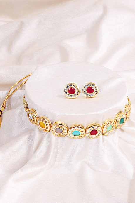 Gold Plated Navratna Stone Antique Necklace With Earrings