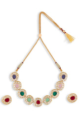 Gold Plated Navratna Stone Antique Necklace With Earrings