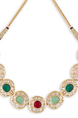 Gold Plated Navratna Stone Antique Necklace With Earrings