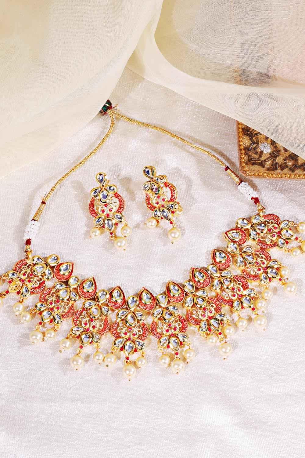 Gold Plated Kundan Polki Necklace With Earrings