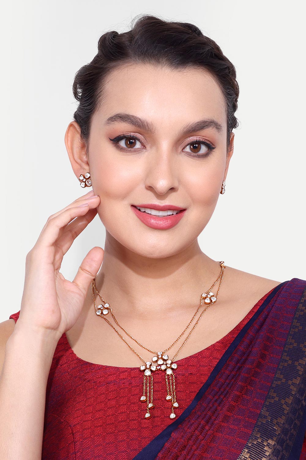 Gold Plated Polki Choker Necklace With Earrings