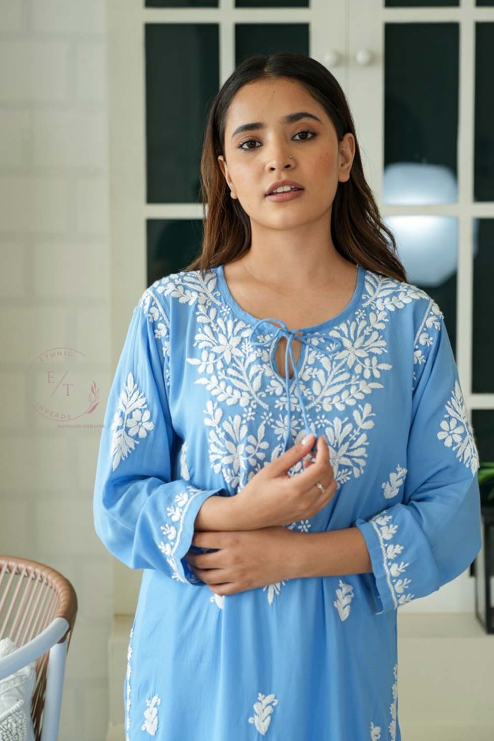 Gul dori chikankari modal kurti in powder Blue