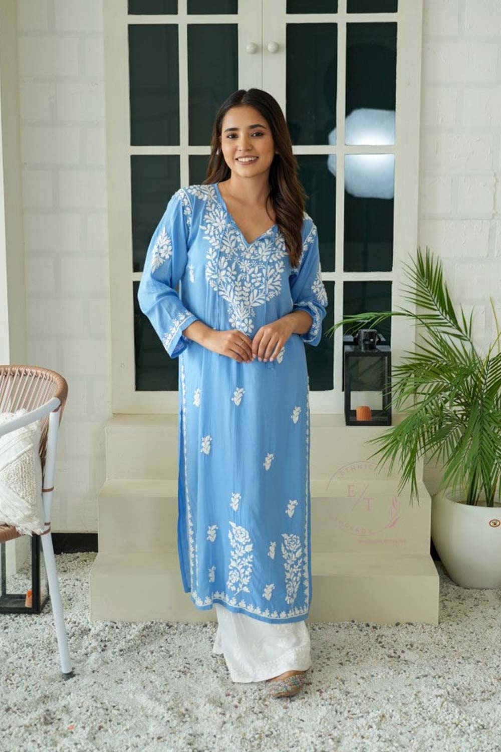 Gul dori chikankari modal kurti in powder Blue