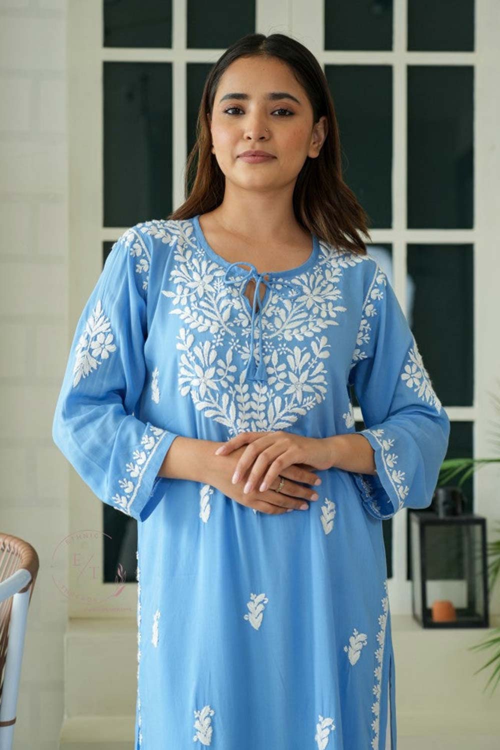 Gul dori chikankari modal kurti in powder Blue