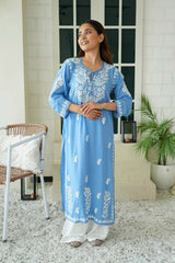 Gul dori chikankari modal kurti in powder Blue