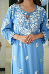 Gul dori chikankari modal kurti in powder Blue