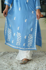 Gul dori chikankari modal kurti in powder Blue