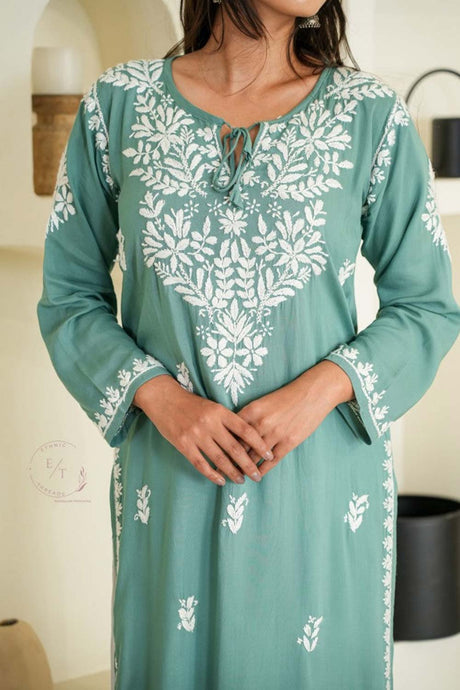 Gul dori chikankari modal kurti in Green